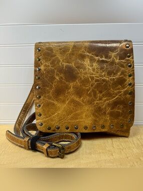 Patricia Nash Distressed Tan Leather Crossbody with Stud Trim
